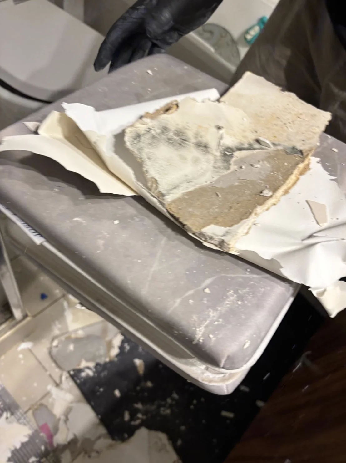 Water-damaged building material opened for assessment