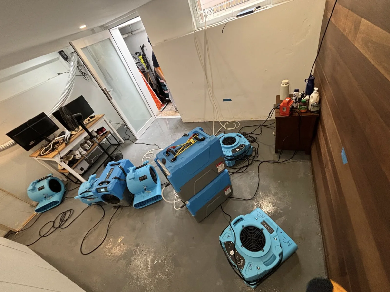 Drying equipment set up across a residential living area