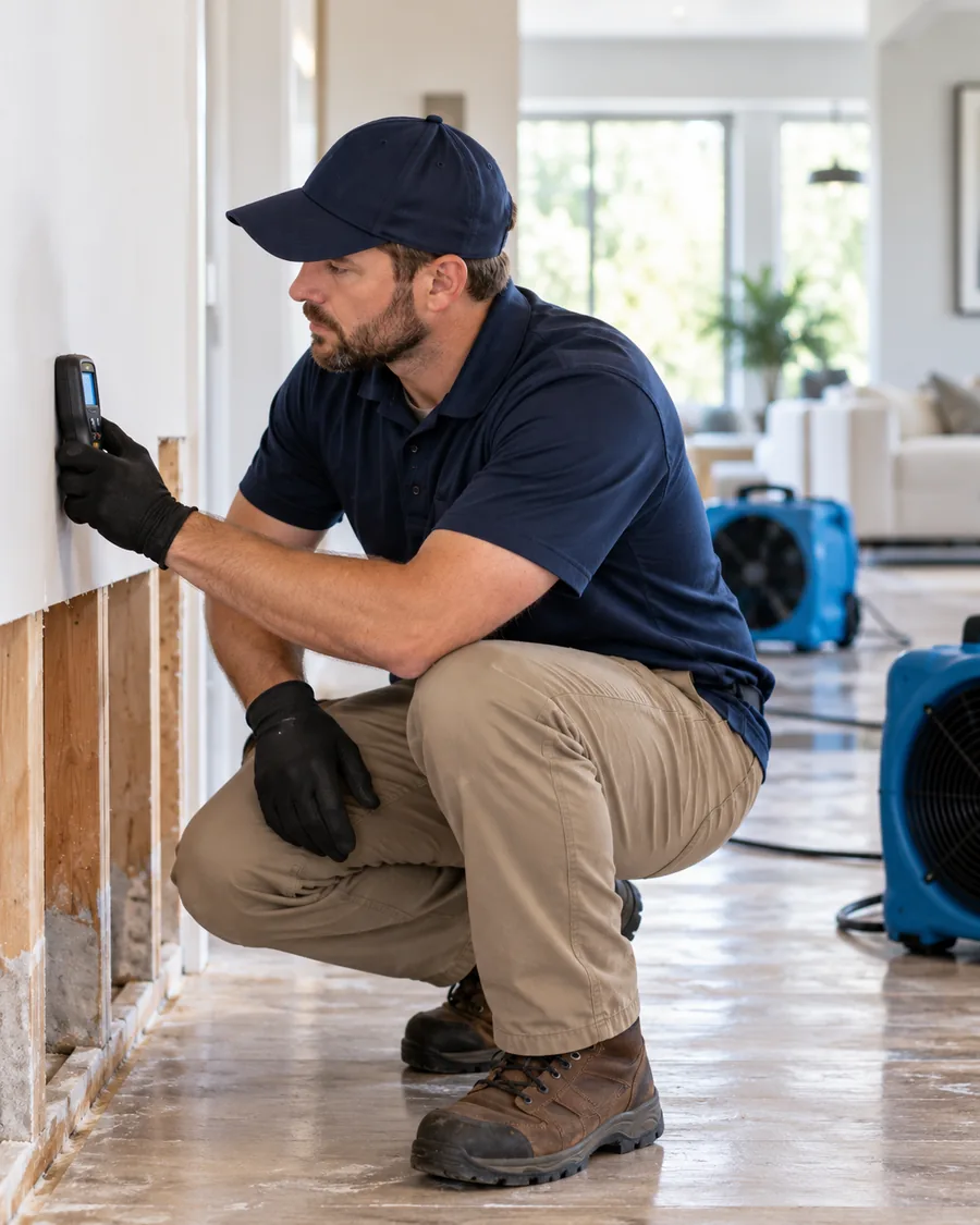 Flood Water Mould restoration specialist checking moisture levels inside a Sydney home